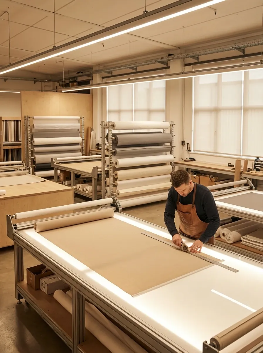 An HT Blinds craftsperson in an apron measuring and cutting fabric at a long worktable on the production floor, rolls of shade material on racks behind.