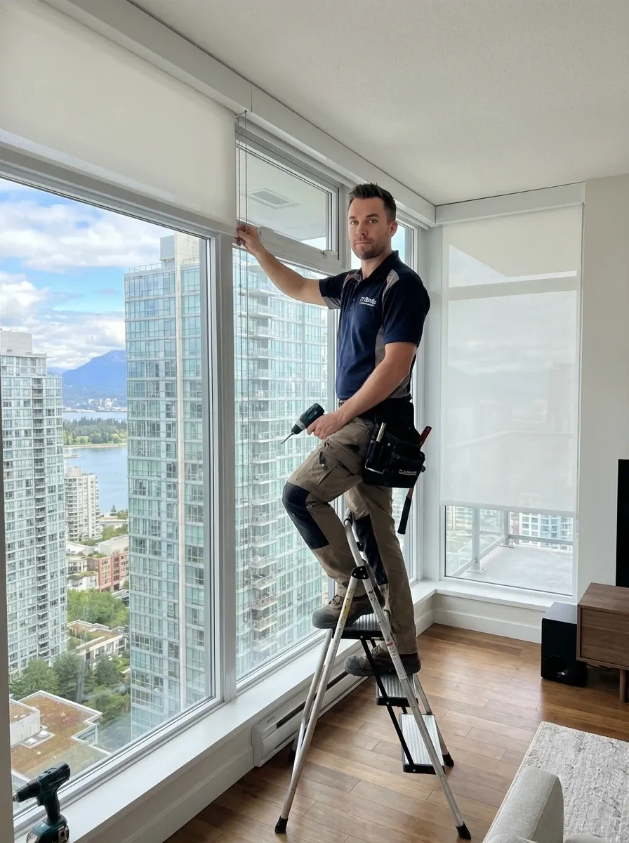 An HT Blinds installer in a branded shirt fitting a roller shade at a floor-to-ceiling window in a Vancouver high-rise condo, city towers beyond the glass.