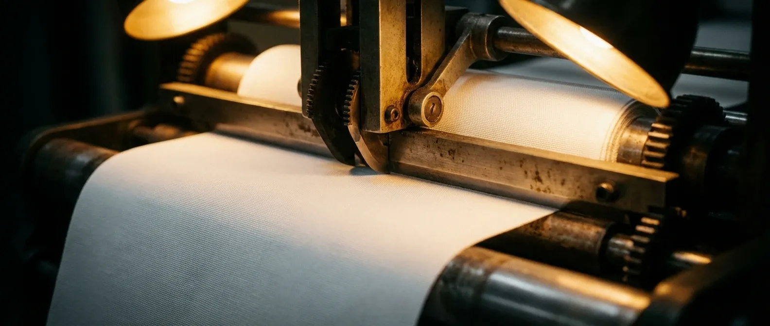 Shade fabric running through a brass-geared roller on the HT Blinds production line, warmly lit.