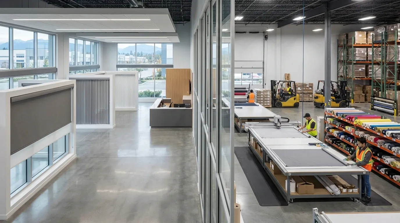Interior of the HT Blinds manufacturing facility in Metro Vancouver — polished concrete floors, daylight through tall windows, and fabric rolls and cutting tables along the production line.