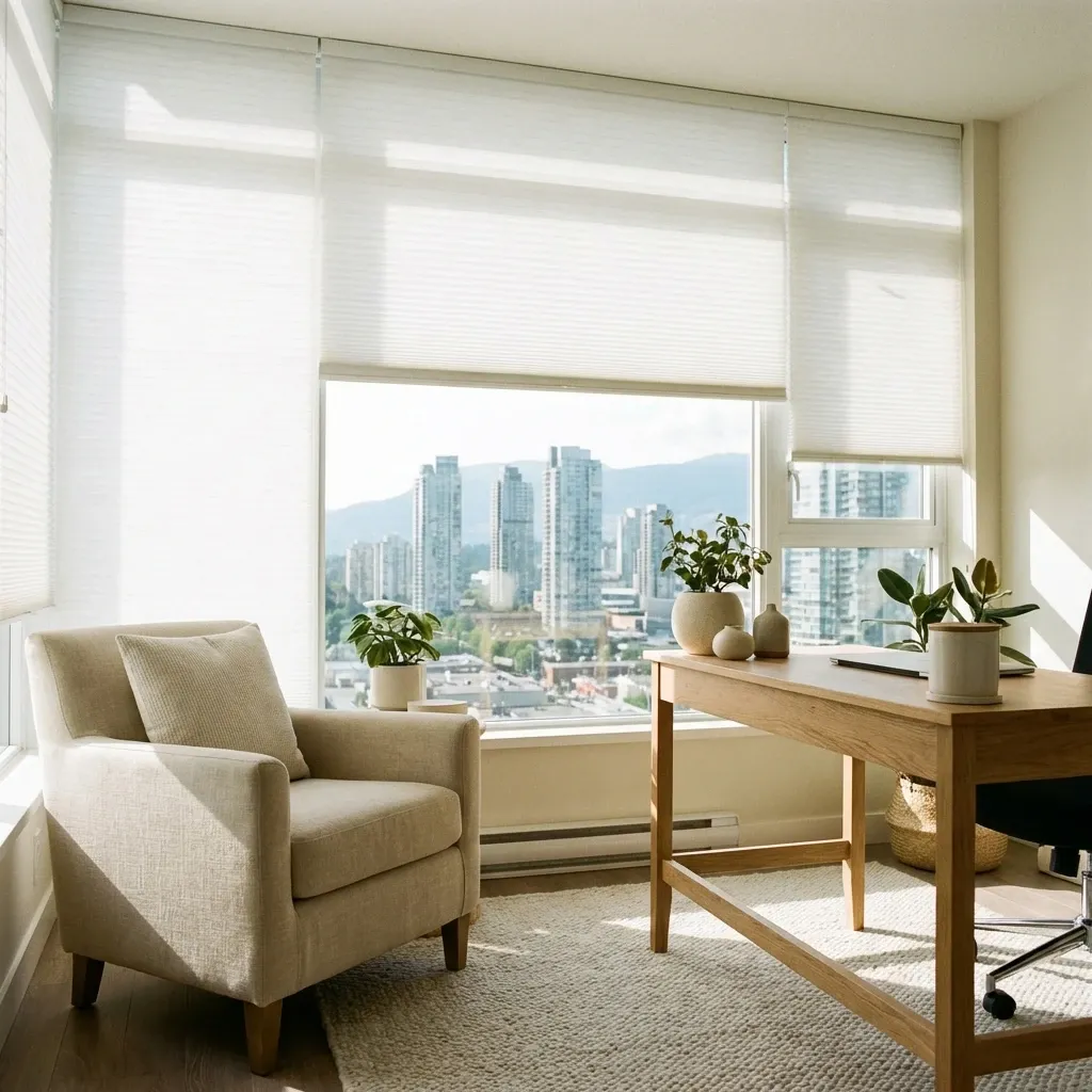 White honeycomb cellular shades in a Burnaby home with a city view
