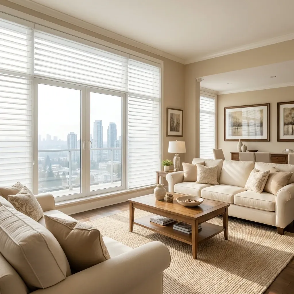 Sheer horizontal shades softening light across floor-to-ceiling Burnaby condo windows with a city and mountain view