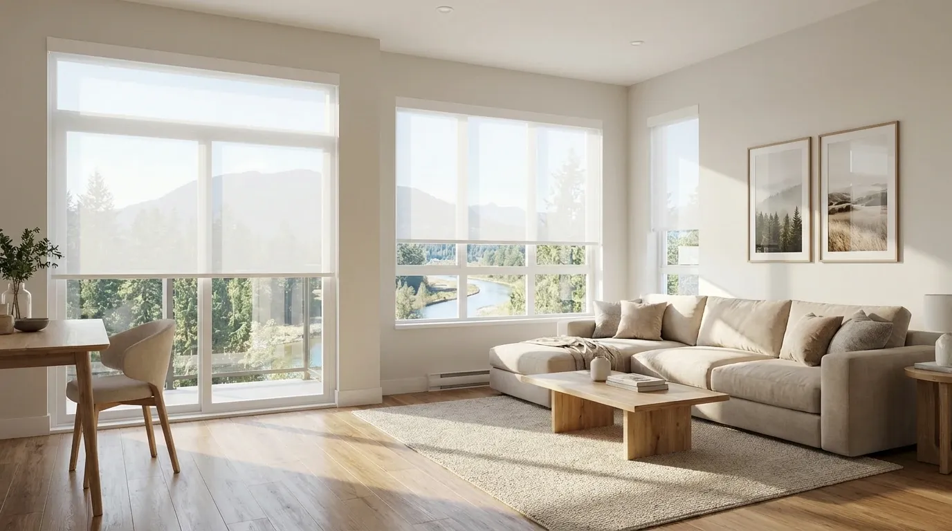 White roller shades in a bright Coquitlam living room with a treed suburban outlook