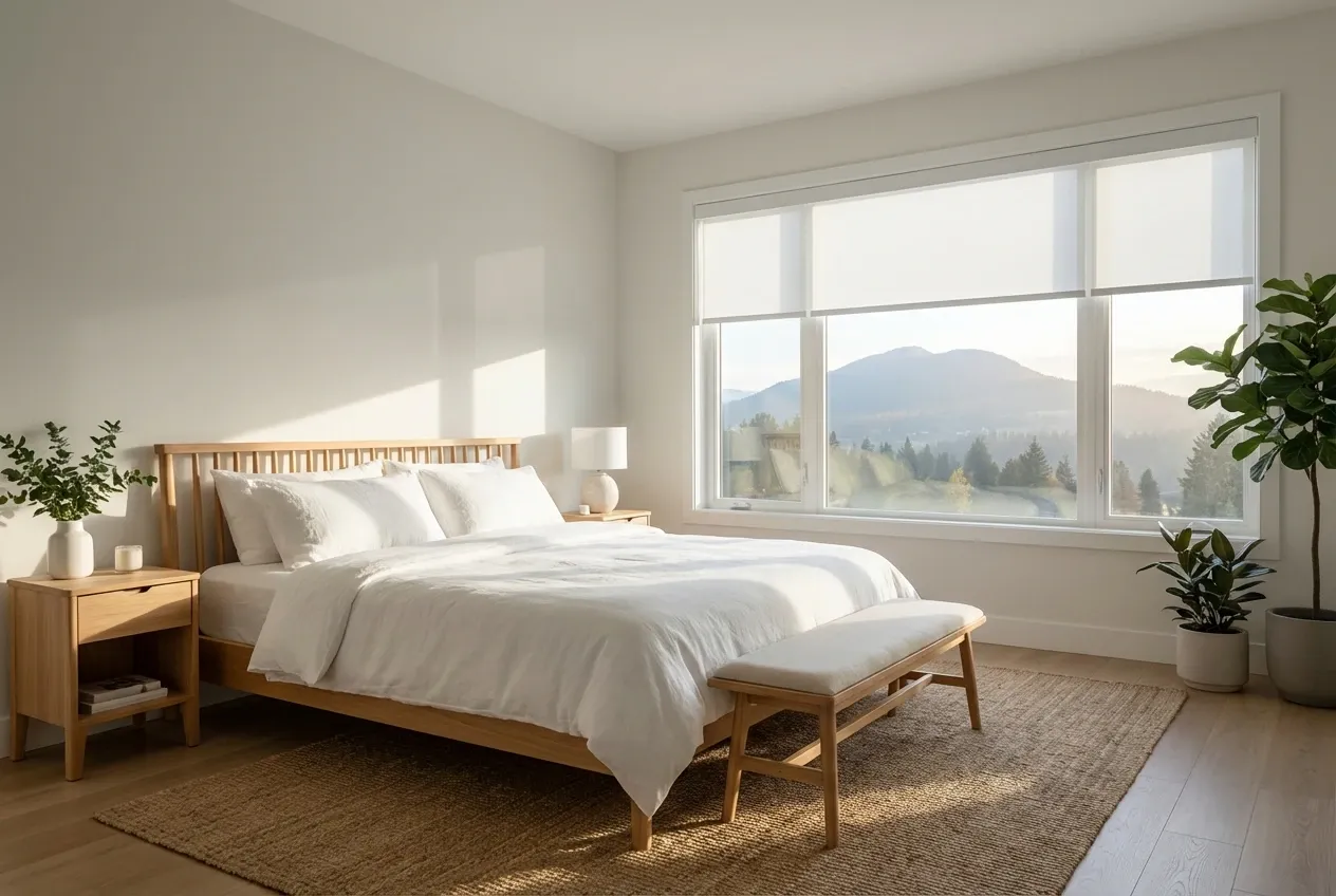 White Solis solar roller shades on a large Coquitlam window with a mountain or treetop view