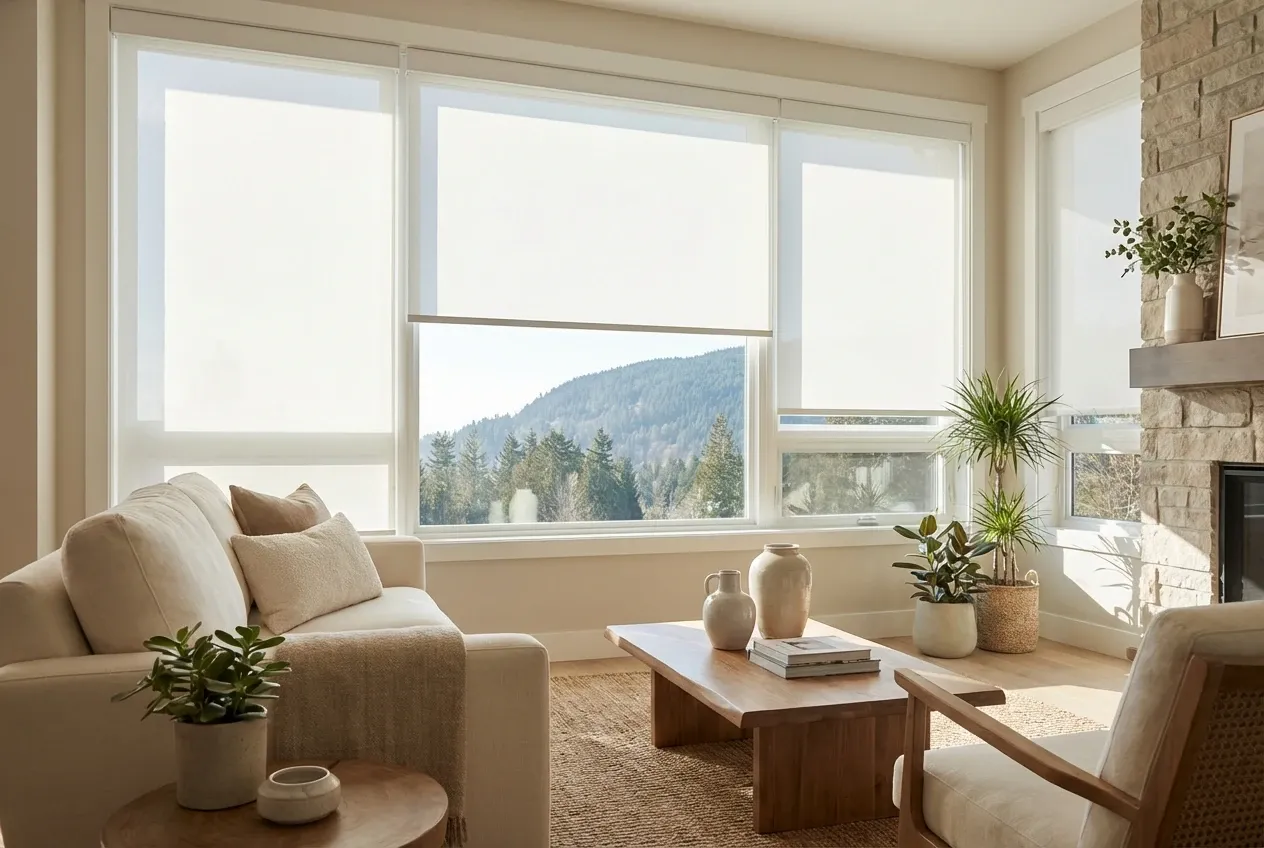 White solar roller shades in a Coquitlam open-plan living room with a mountain view