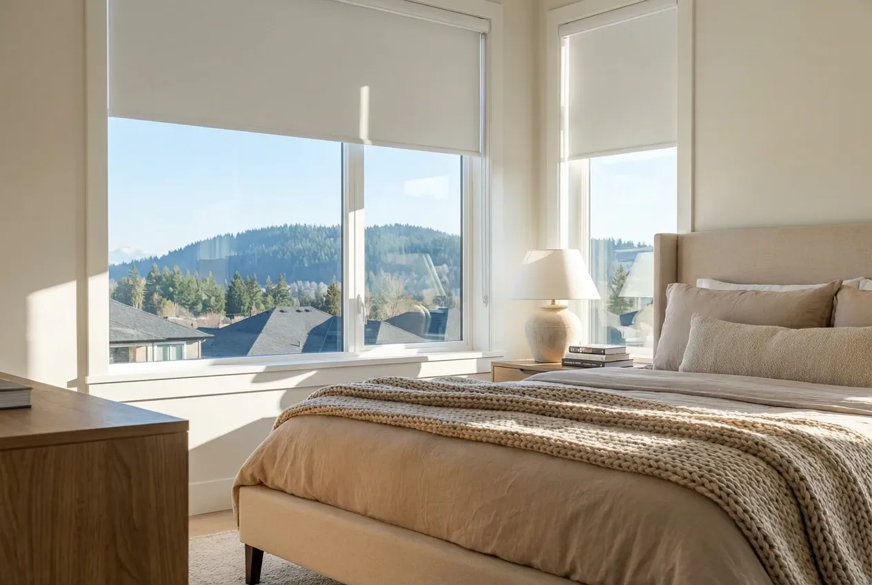 Blackout roller shades darkening a Coquitlam bedroom