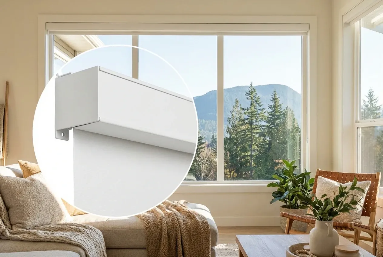 Close-up of cassette-mounted white Solis solar roller shades on a large Coquitlam window