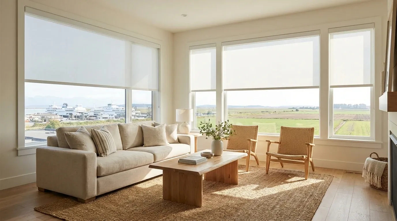 White roller shades in a bright Delta family home with coastal light