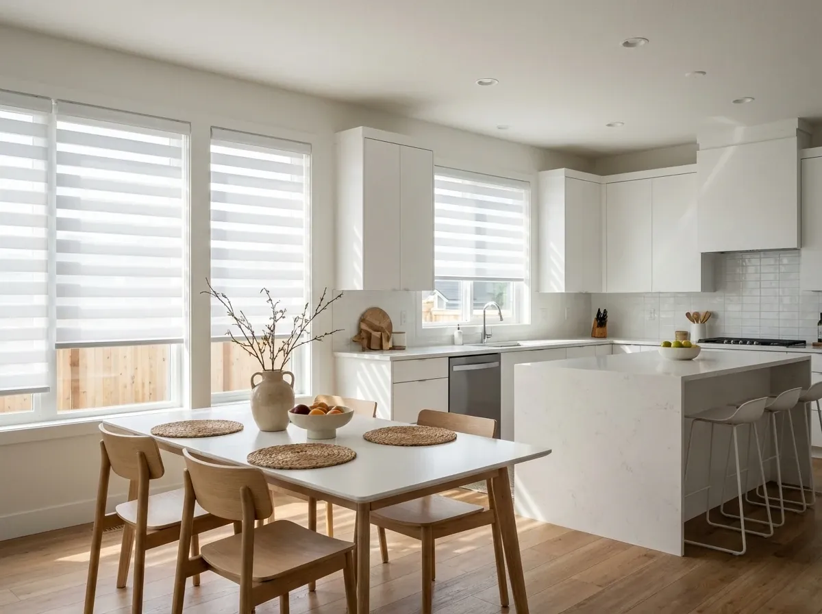 White zebra shades at half-transition in a Delta dining room with a garden or village view