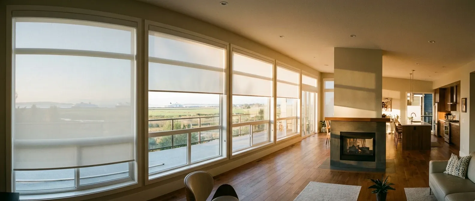 Motorized white roller shades at staggered heights across a bright Delta living-room window with a garden or ocean view