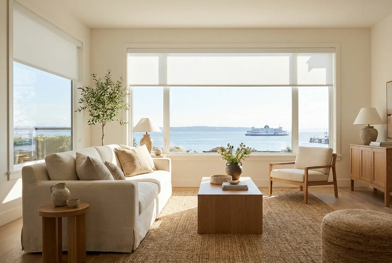 White solar roller shades in a sun-filled Tsawwassen living room with an ocean view