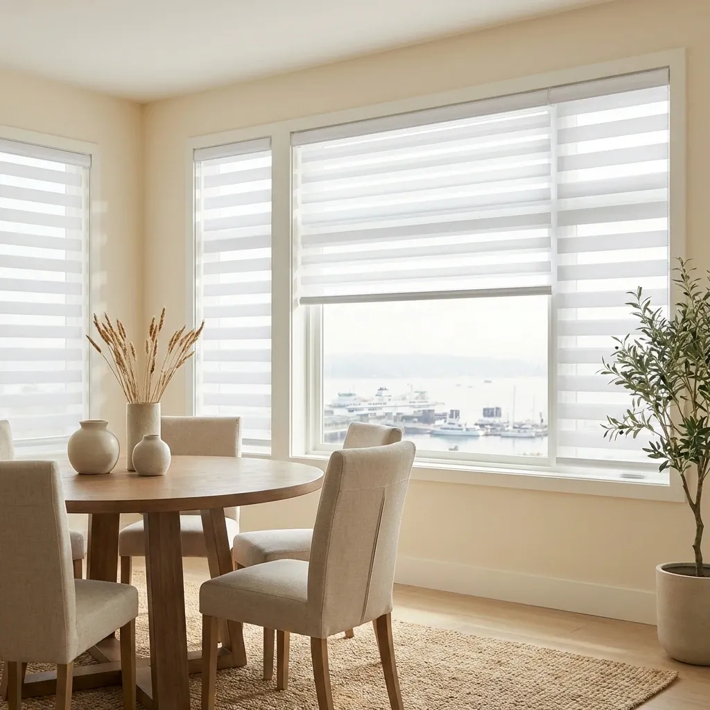 White zebra shades filtering daylight in a Delta dining area