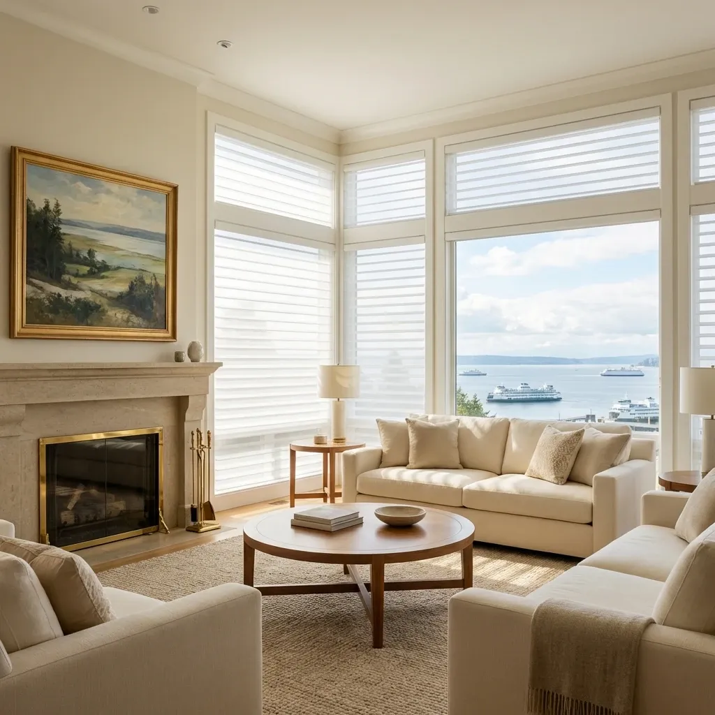 Sheer horizontal shades softening light across large Delta windows with a garden view