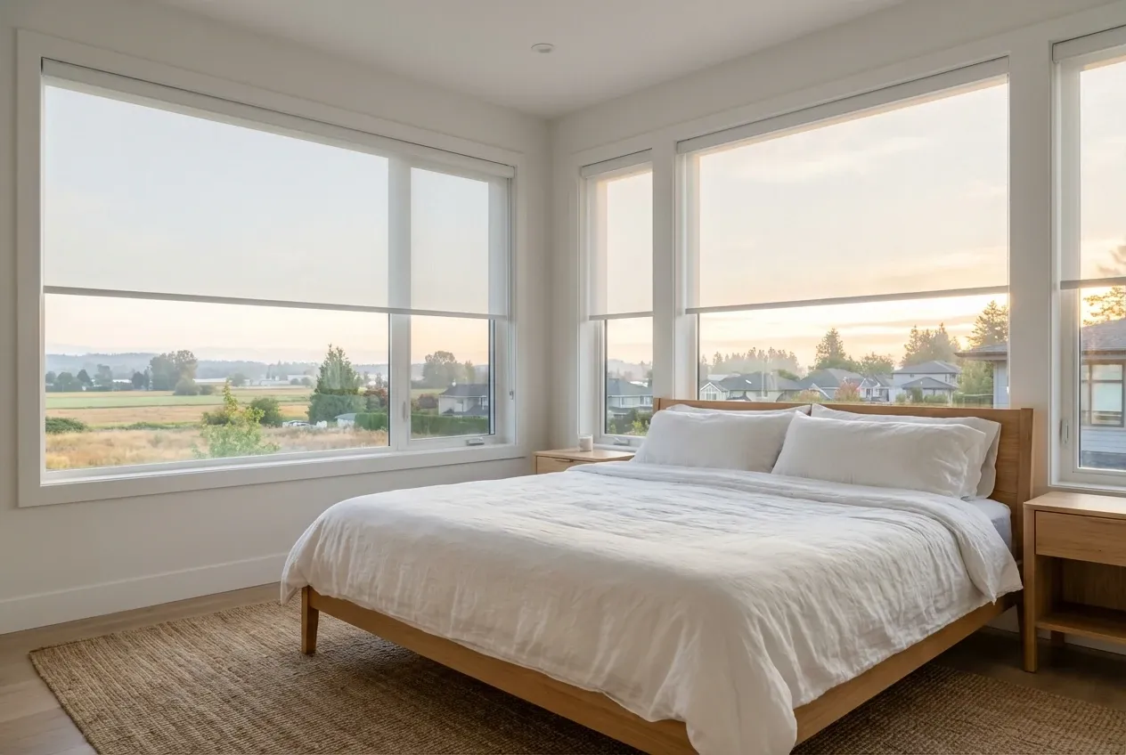 White Solis solar roller shades on a large window in a bright Langley new-build great room