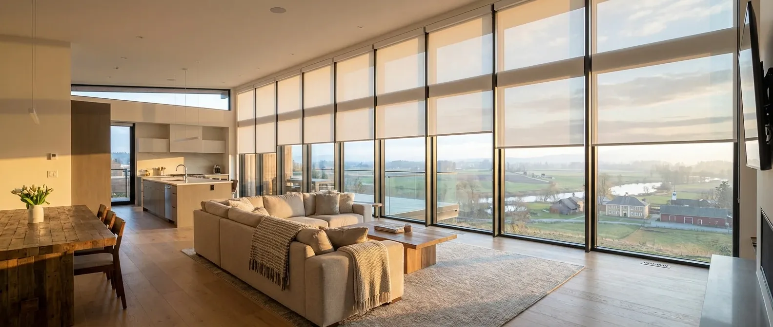 Motorized white roller shades mid-motion across large windows in a Langley new-build living room