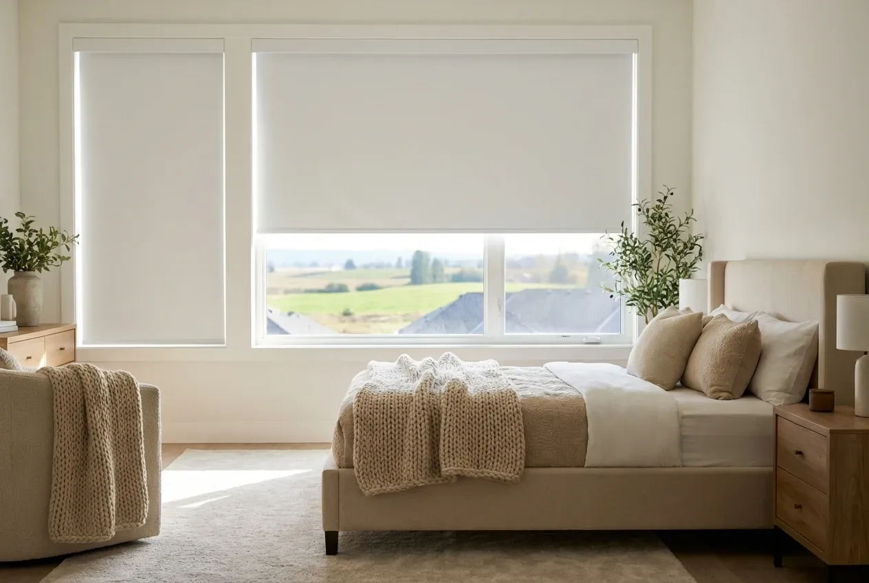 Blackout roller shades darkening a Langley bedroom