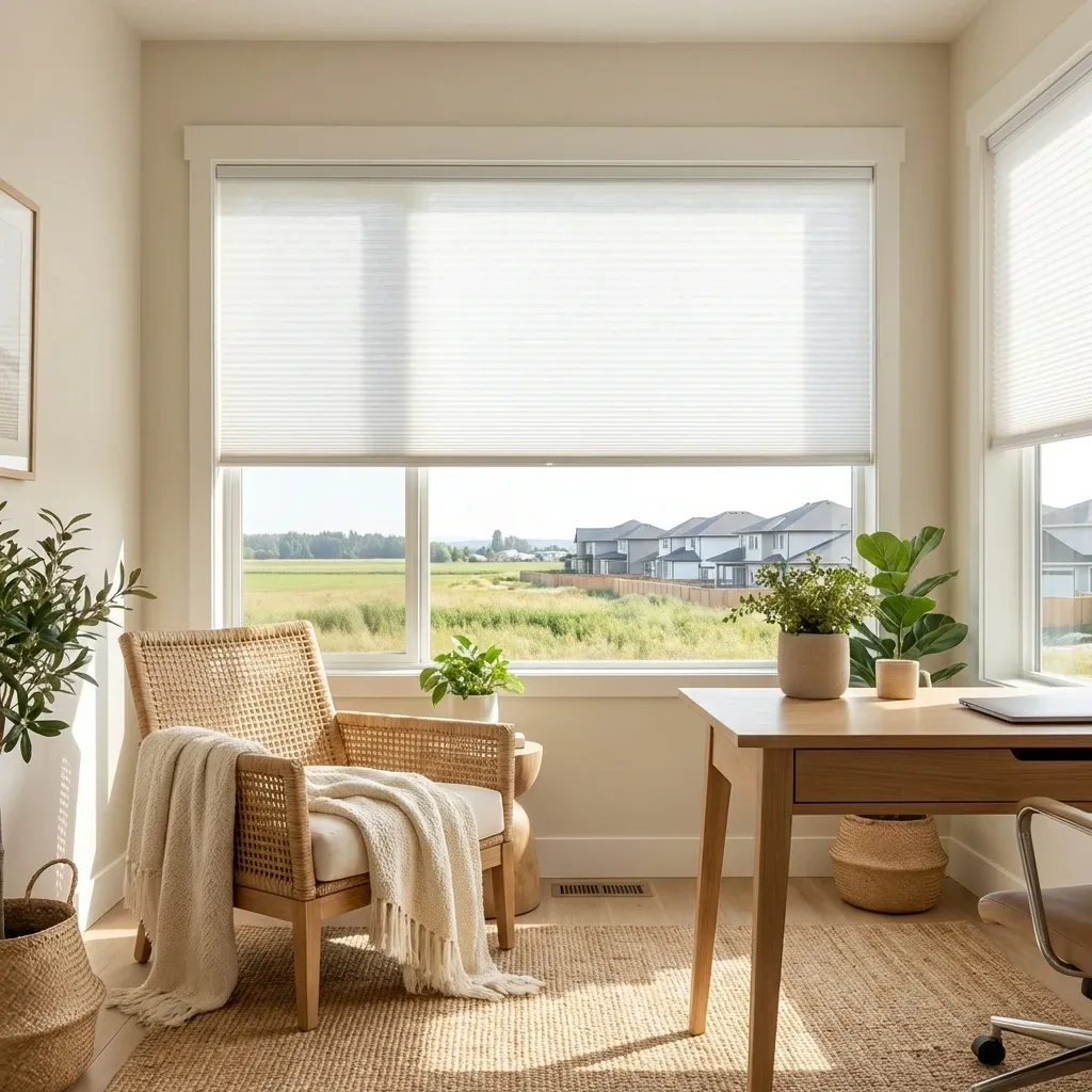 White honeycomb cellular shades in a Langley home with warm daylight