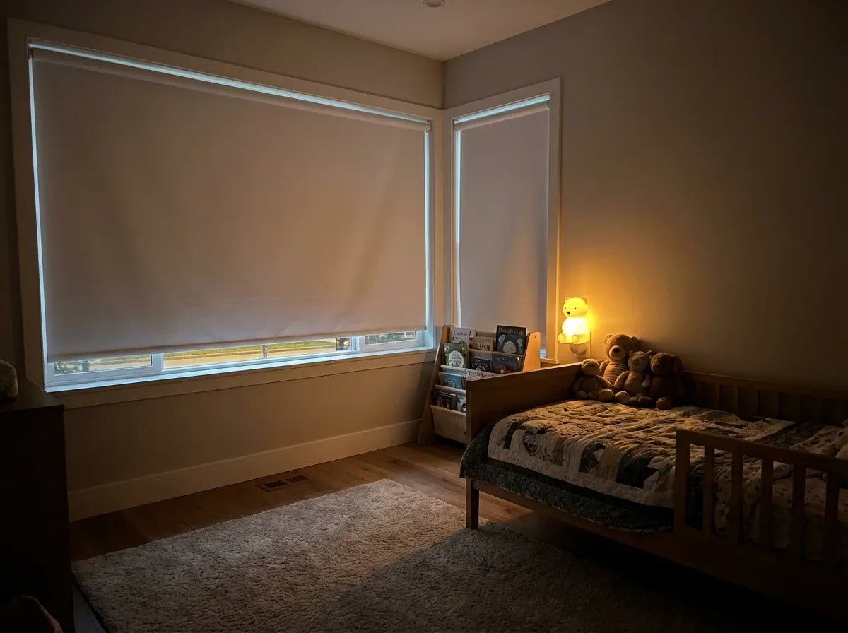 Blackout roller shades fully lowered in a darkened North Vancouver master bedroom