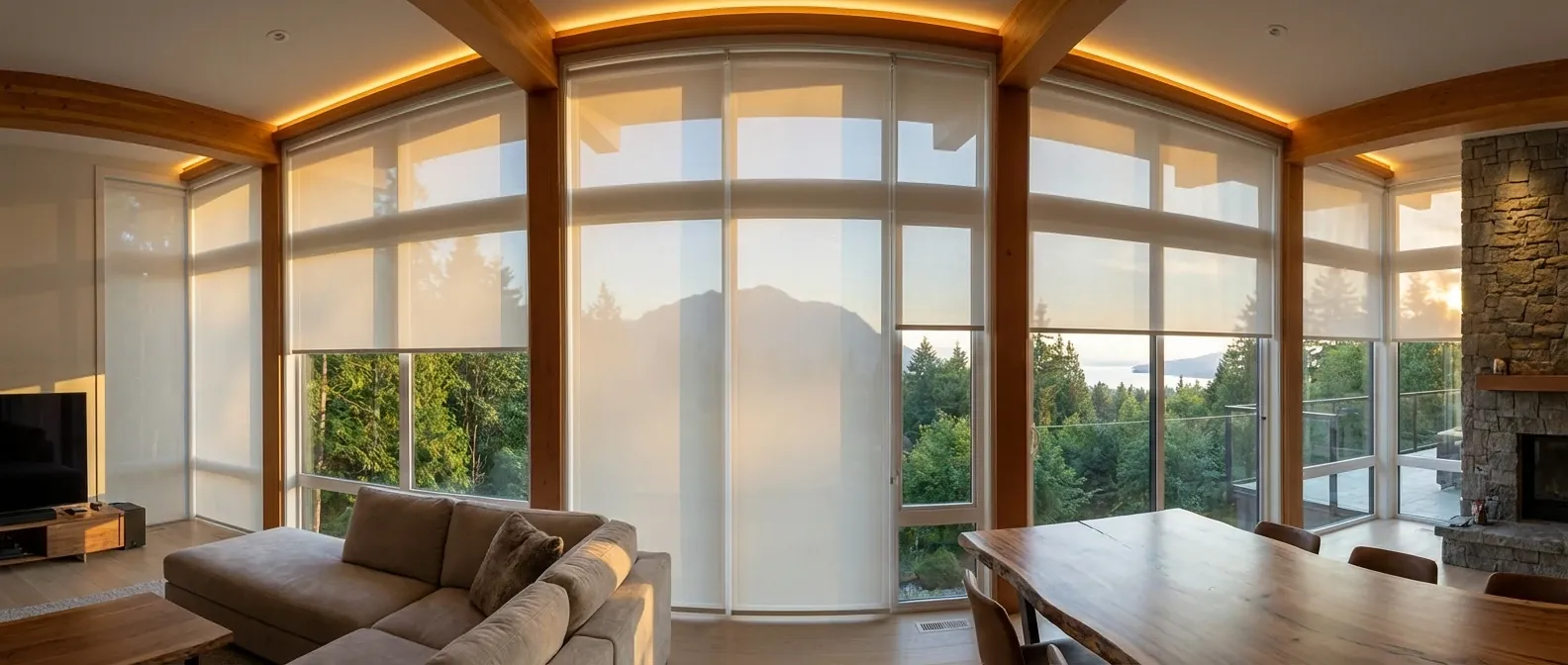Motorized white roller shades at staggered heights across a North Vancouver living-room window with a mountain and inlet view