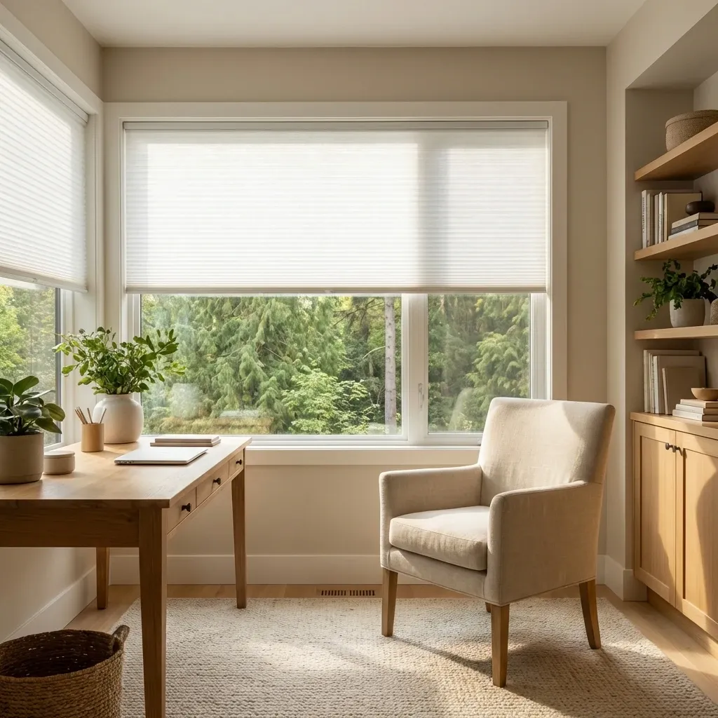White honeycomb cellular shades in a North Vancouver home with a mountain view