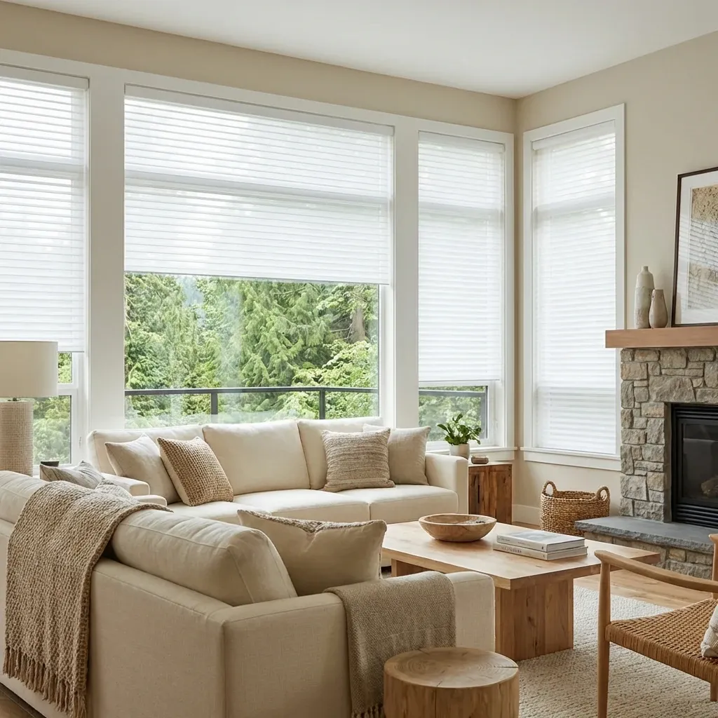 Sheer horizontal shades softening light across floor-to-ceiling North Vancouver windows with a forest and inlet view