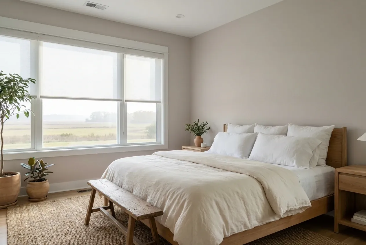 White Solis solar roller shades on a large Richmond window with a river or garden view