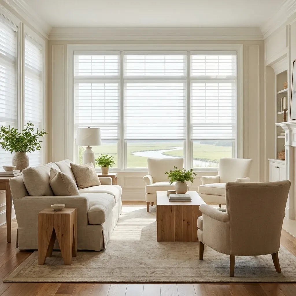 Sheer horizontal shades softening light across floor-to-ceiling Richmond condo windows