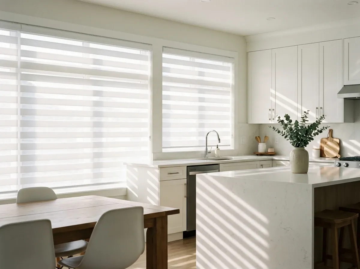 White zebra shades at half-transition in a Surrey dining room with a suburban street softly visible
