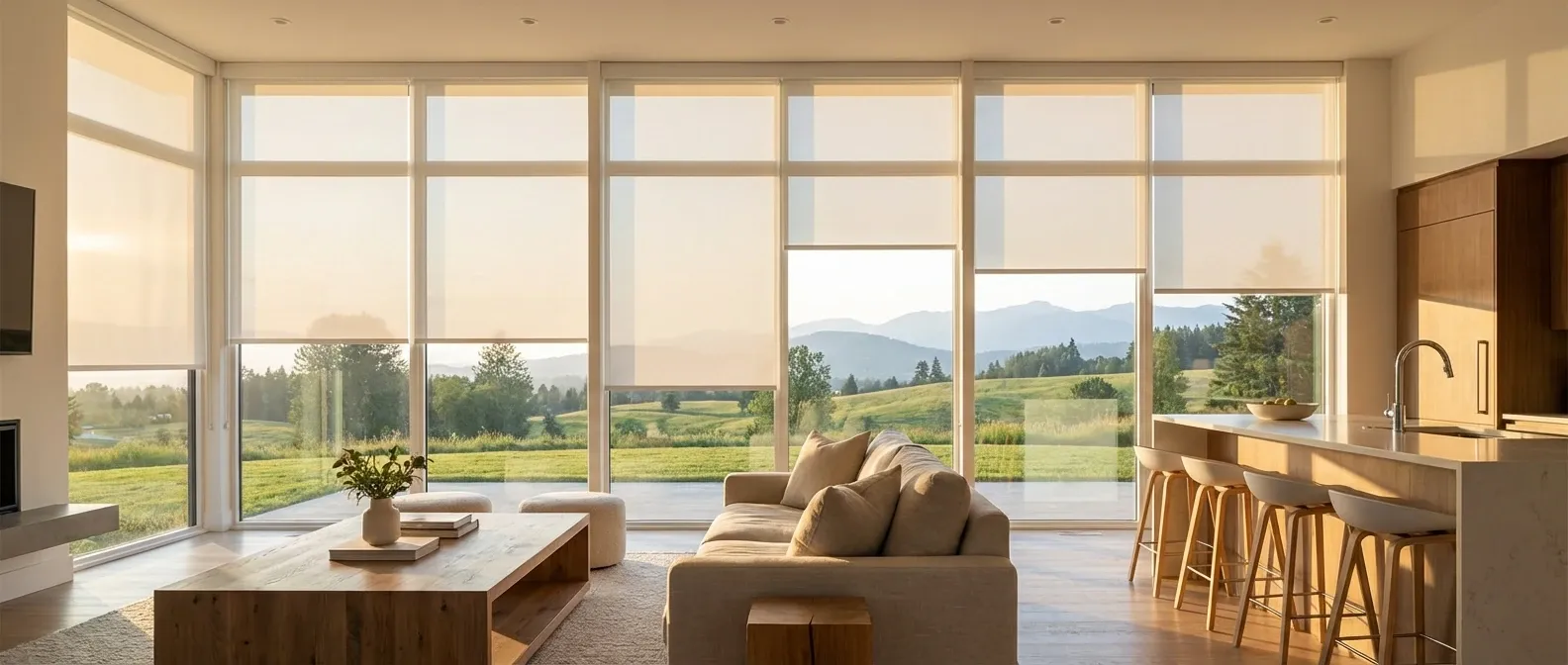 Motorized white roller shades at staggered heights across a Surrey custom-home window wall