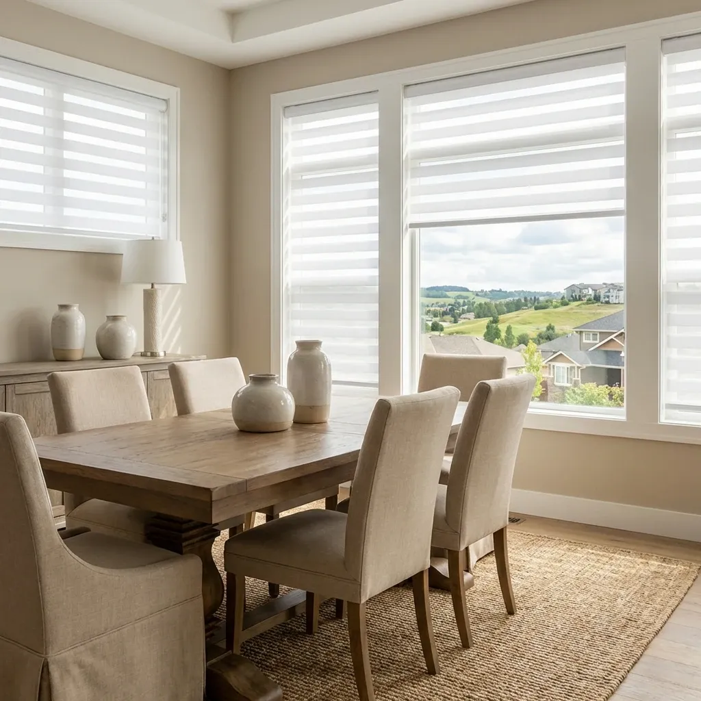 White zebra shades filtering daylight in a Surrey dining area