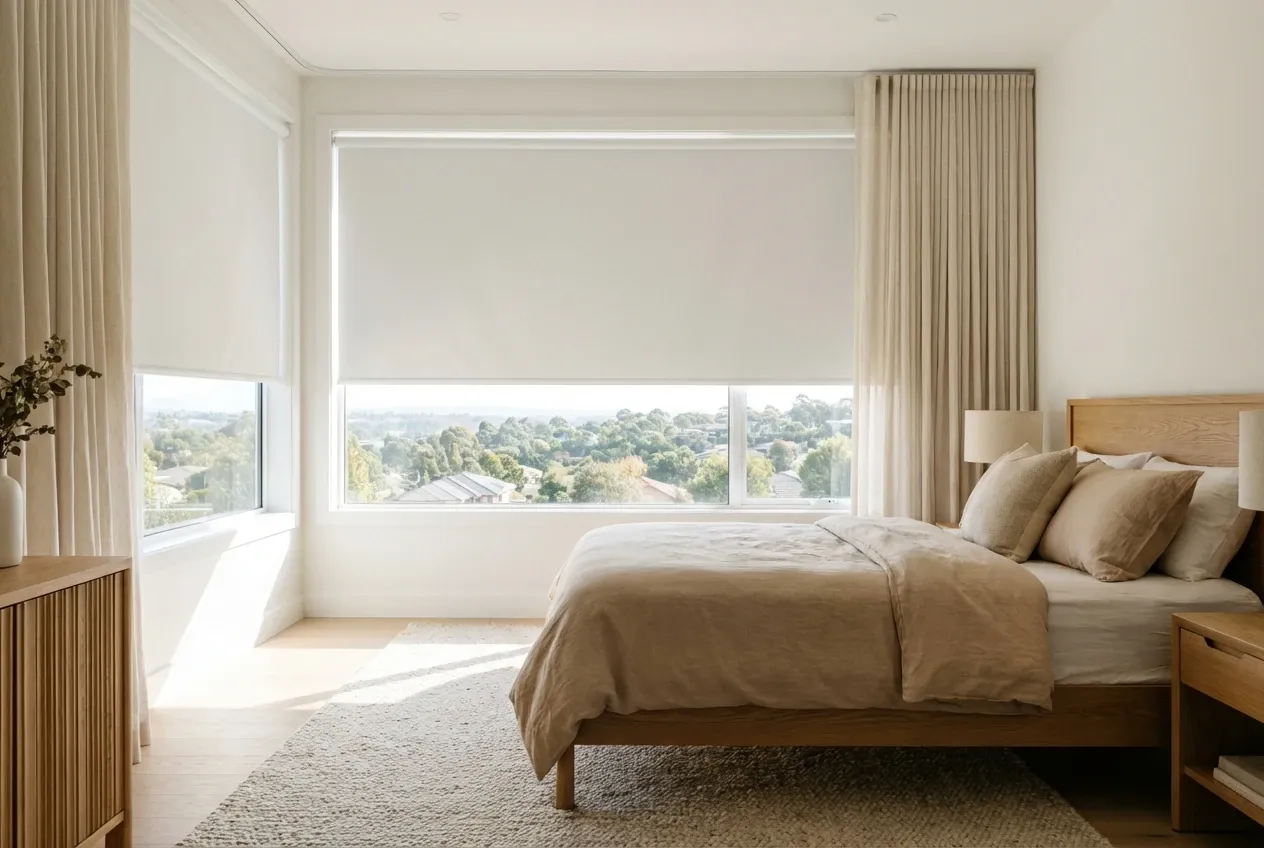 Blackout roller shades darkening a Surrey bedroom