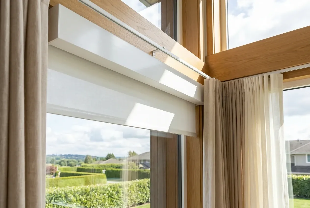Close-up of cassette-mounted white Solis solar roller shades on a large Surrey window