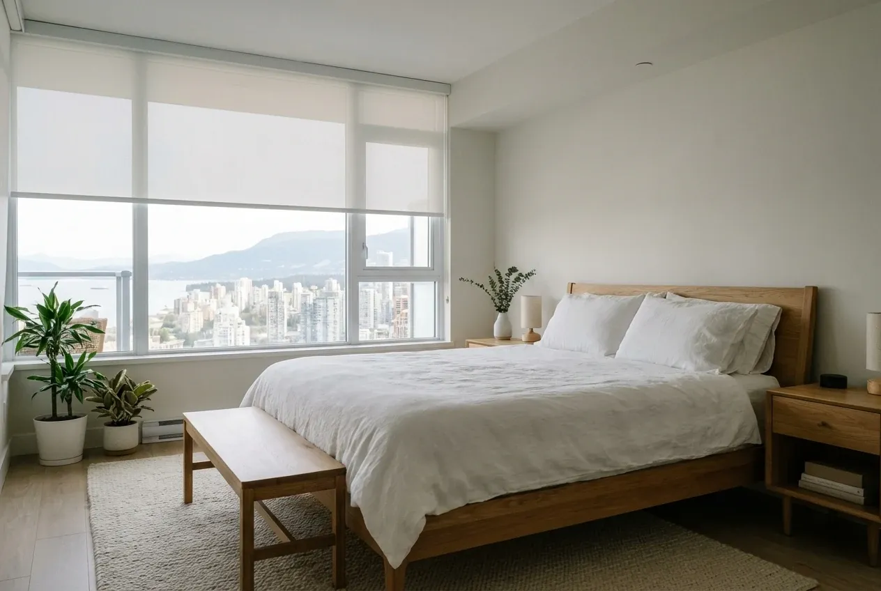 Minimalist Vancouver bedroom with white roller shades on large windows framing a city, ocean and mountain view, oak bed and nightstands