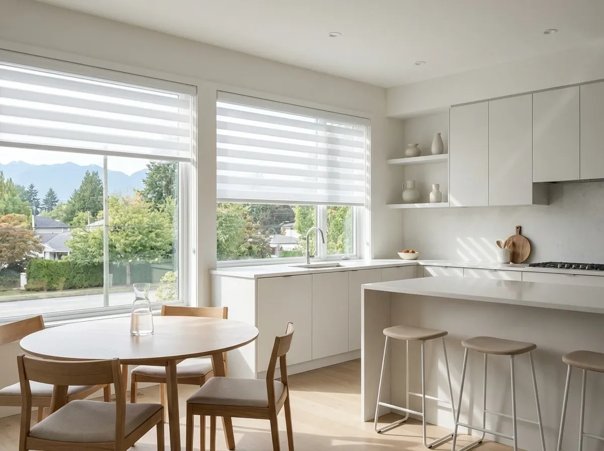 White zebra shades partly lowered over a Vancouver kitchen and dining area with a leafy, mountain backdrop