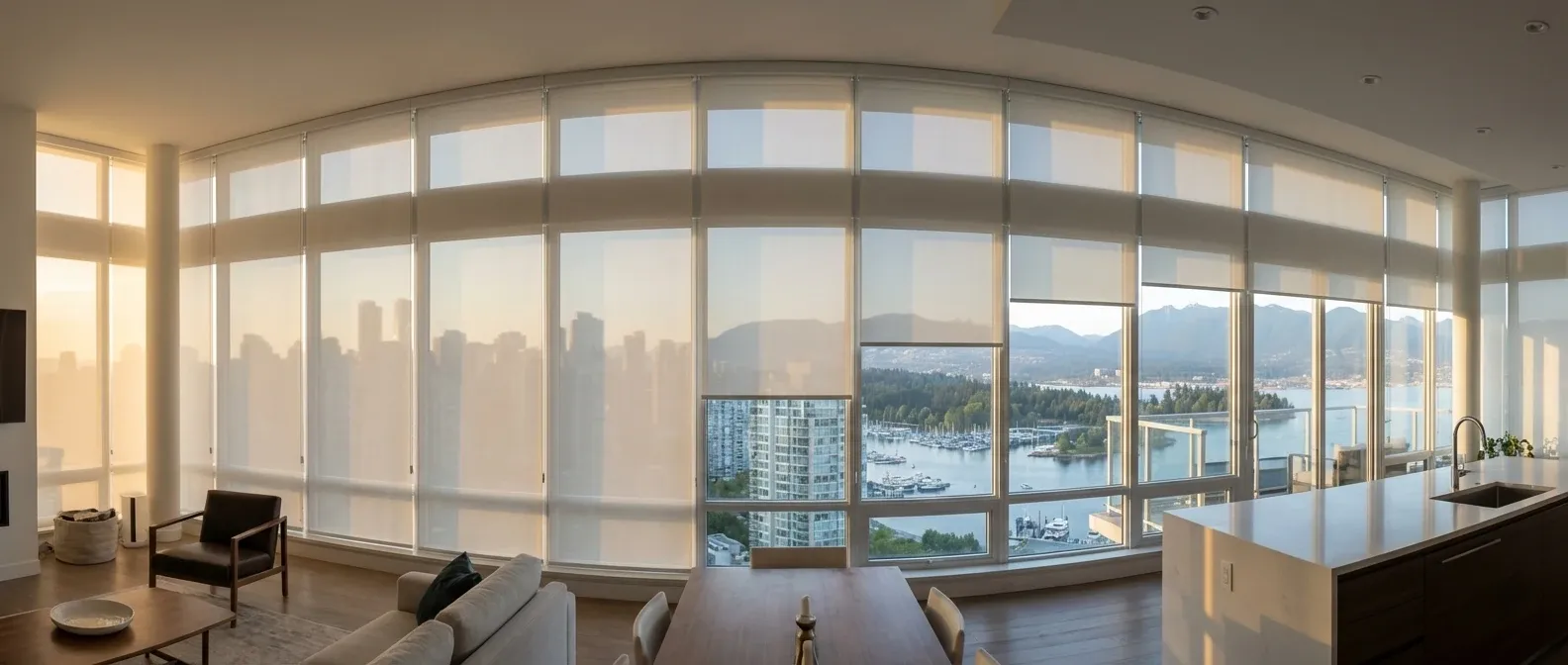 Curved floor-to-ceiling window wall in a Vancouver high-rise with motorized white solar roller shades at staggered heights over a marina, skyline and mountain view at golden hour
