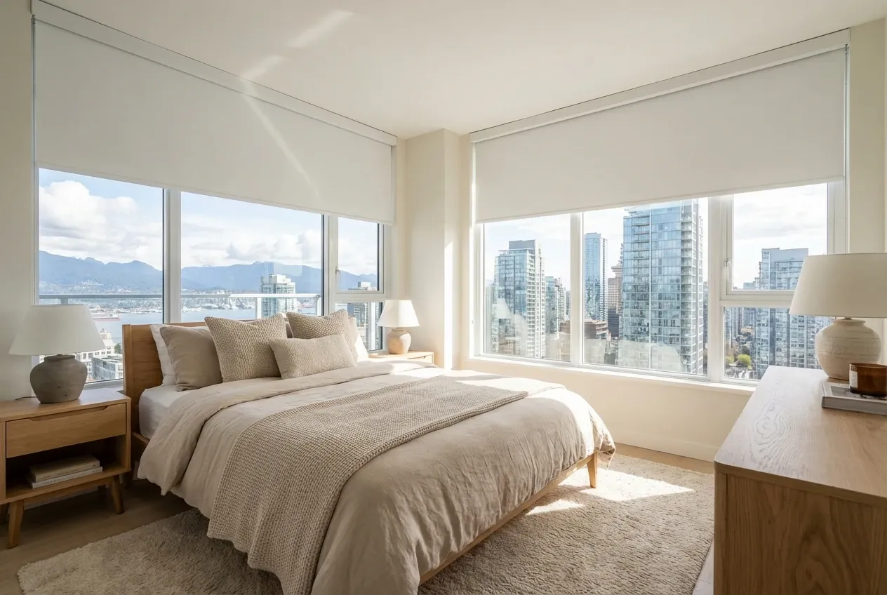 Blackout roller shades darkening a Vancouver bedroom at night