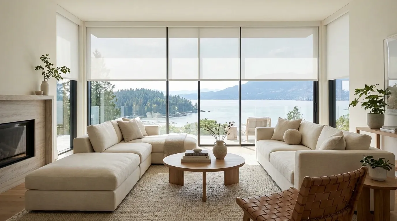 White roller shades in a bright West Vancouver living room with an ocean and mountain view