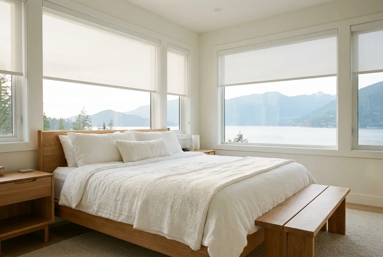 White Solis solar roller shades on a large West Vancouver window framing an ocean view