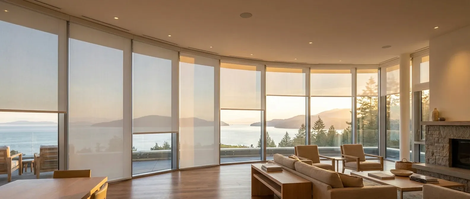 Motorized white roller shades at staggered heights across a West Vancouver living-room window wall with an ocean view