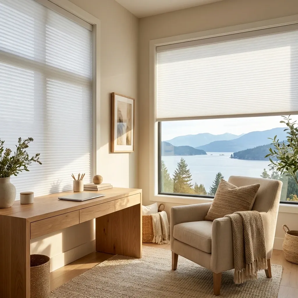 White honeycomb cellular shades in a West Vancouver home with a coastal view