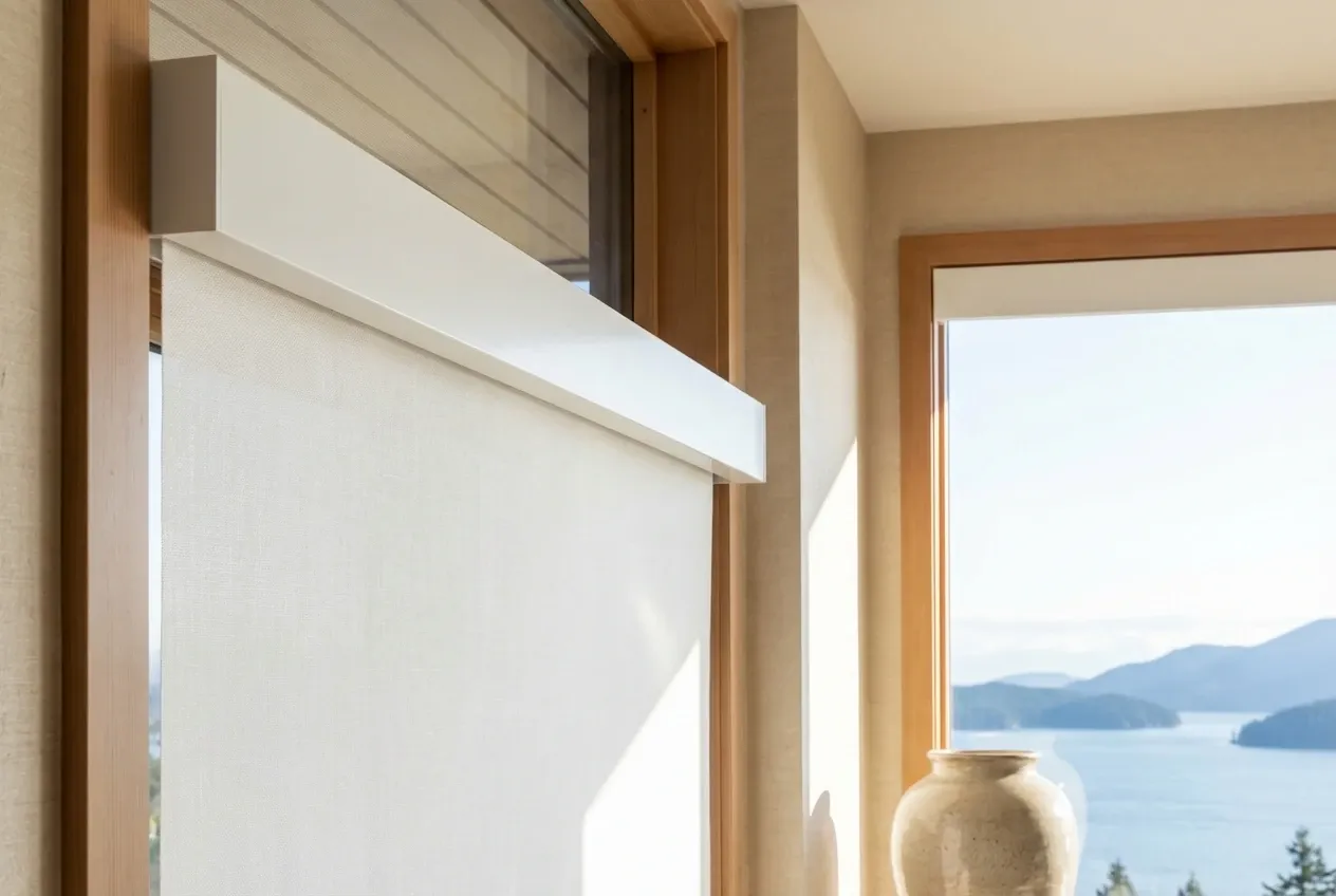 Close-up of cassette-mounted white Solis solar roller shades on a large West Vancouver window with an ocean view