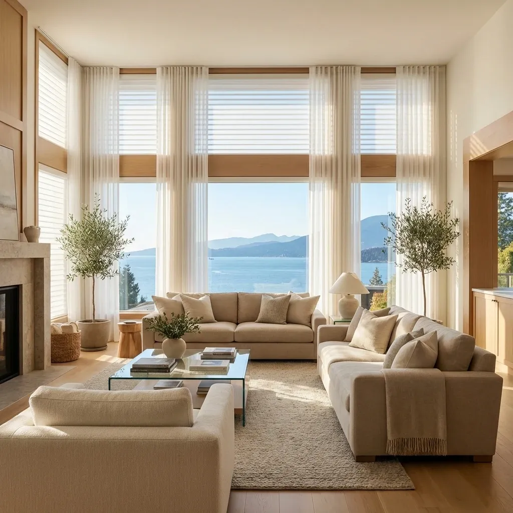 Sheer horizontal shades softening light across floor-to-ceiling West Vancouver windows with an ocean view