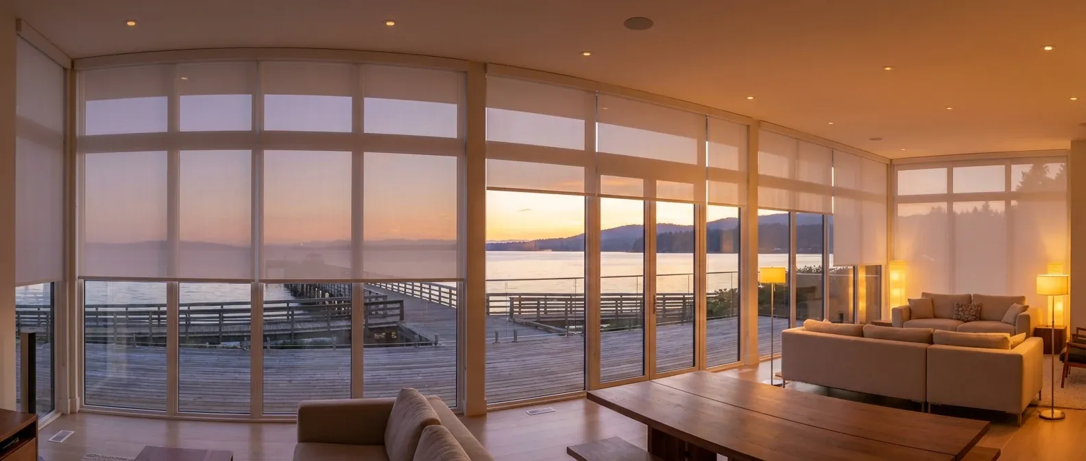 Motorized white roller shades at staggered heights across a White Rock living-room window with a bay view