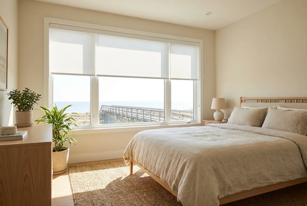 Blackout roller shades darkening a White Rock bedroom
