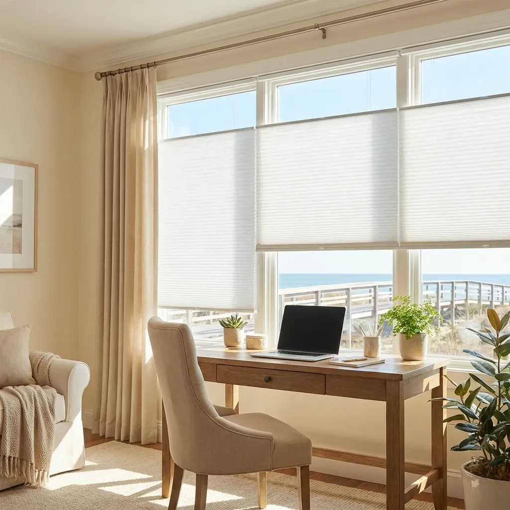 White honeycomb cellular shades in a White Rock home with coastal light