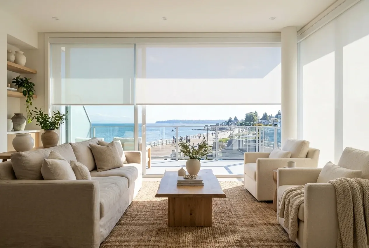 Motorized white solar roller shades at automated heights across a White Rock living-room window over the bay