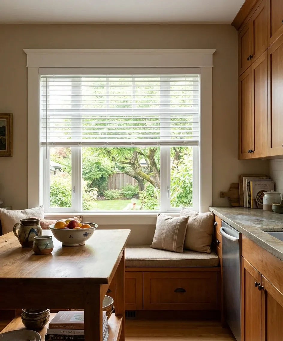 Kitchen window-seat nook with a white faux wood blind lowered over a garden view, warm wood cabinetry and a breakfast table with a bowl of fruit