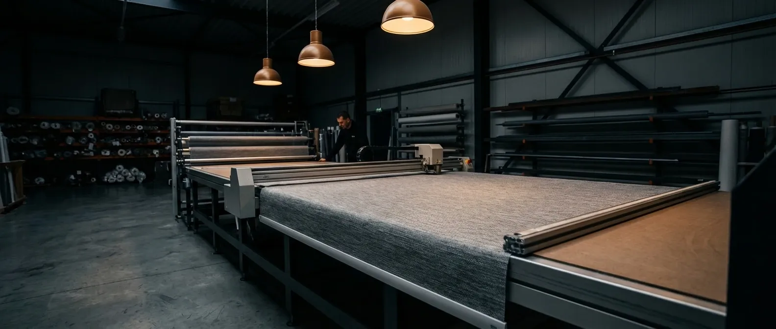 HT Blinds' Metro Vancouver workshop, with fabric being cut to size on a wide fabrication table beneath warm pendant lights