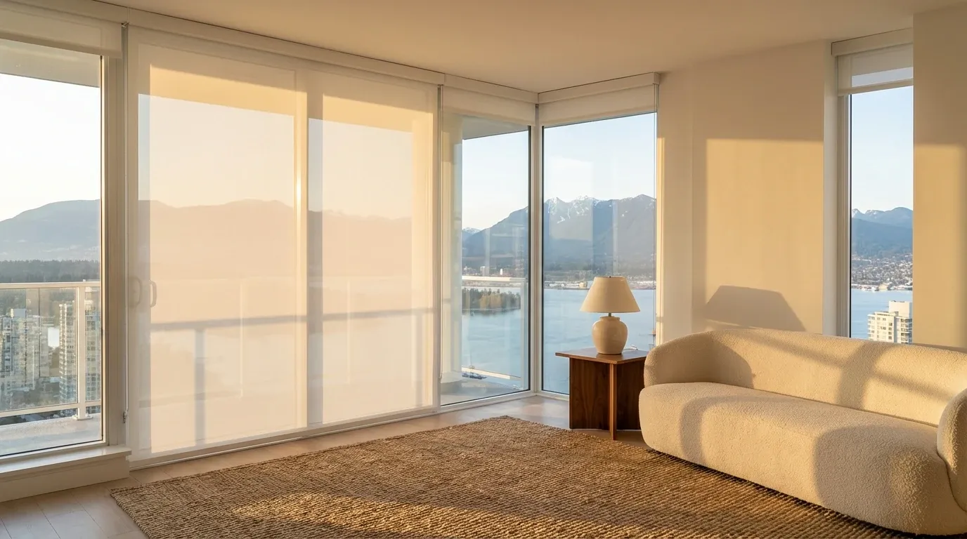 Bright Vancouver condo living room with white solar roller shades lowered over floor-to-ceiling windows, a cream sofa and a view of the mountains and inlet at golden hour