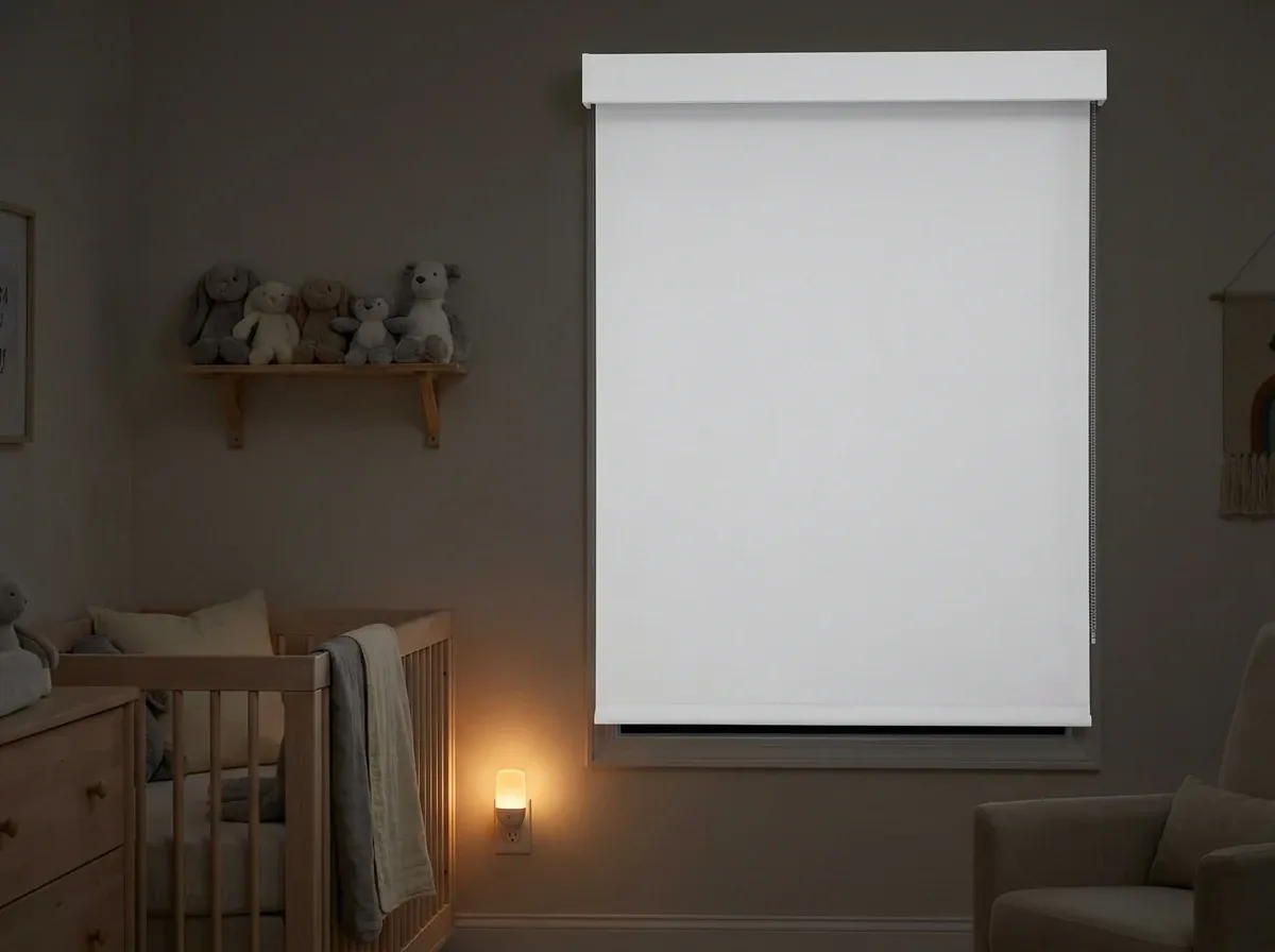 Nursery at night with a white blackout roller shade fully lowered over the window, a crib, plush toys on a shelf and a soft nightlight glow
